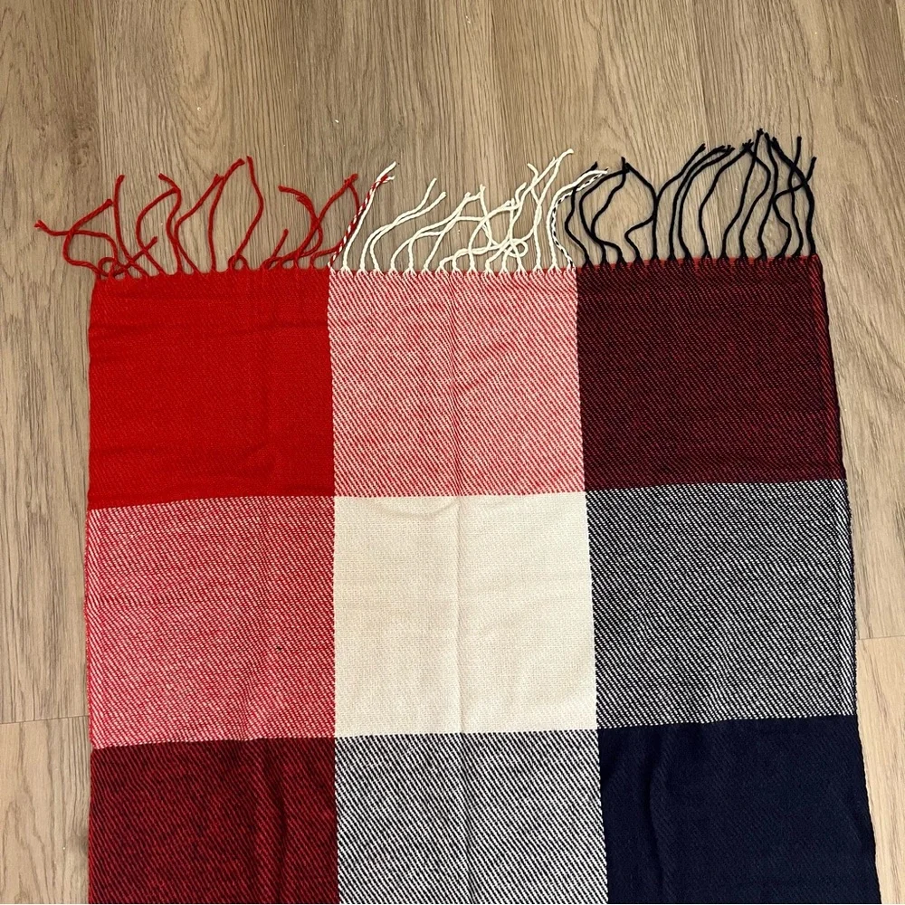 Oversized Plaid Blanket Scarf Red Navy Ivory Fringe